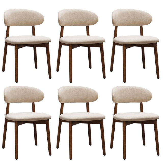Farmhouse Dining Chairs Set of 6, Mid Century Modern Fabric Upholstered Kitchen Chairs, Wooden Dining Room Chair with Curved Back for Kitchen Dining Room Restaurant Cafe, Light Camel (Only Chairs)