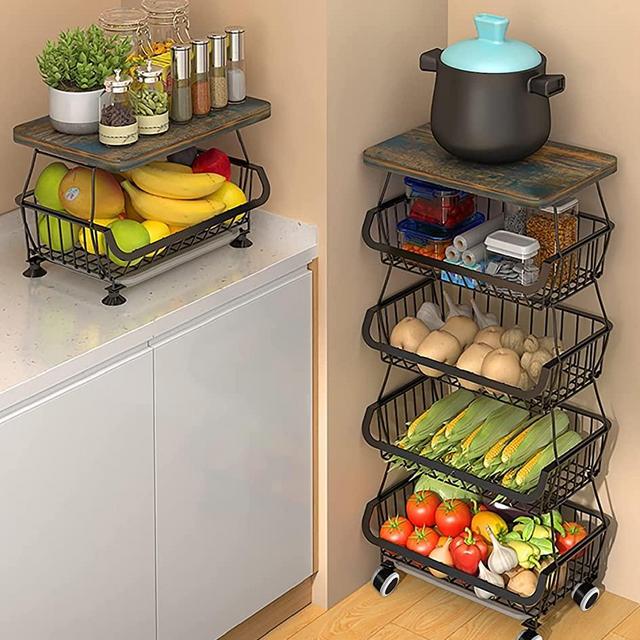 Metal Basket Organizer with Wood Tabletop 5 Tier Fruit Vegetable Storage Basket Stackable Storage Basket Kitchen Basket Rack Utility Storage Cart for Kitchen Pantry