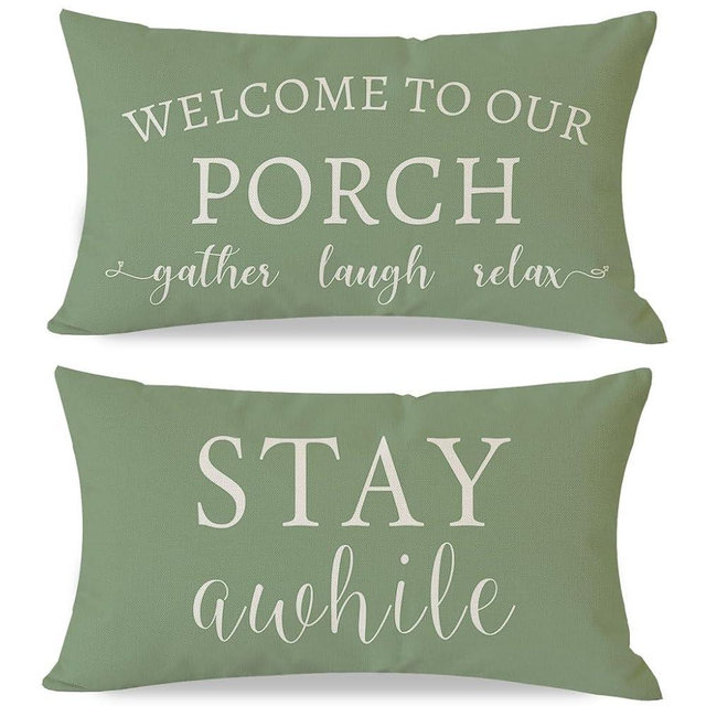 PANDICORN Welcome to Our Porch Stay Awhile Outdoor Lumbar Decorative Throw Pillow Covers 12x20 Inch Set of 2 Relax Spring Summer Patio Decoration for Year-Round Home Couch Bench Decor, Sage Green