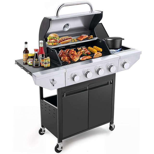 Tufons 4-Burner Propane Gas BBQ Grill with Side Burner & Warming Rack, Stainless Steel Gas Grill with 46,500 BTUs Output for Outdoor,Camping,Barbecue Grilling & Backyard Cooking,Black and Silver
