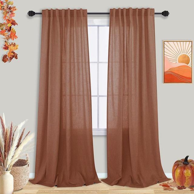 Terracotta Faux Linen Curtains 90 Inches Long for Farmhouse Boho Bohemian Decor Living Room Rod Pocket Back Tab Rust Light Filtering Semi Sheer Window Drapes 2 Panels for Bedroom, Burnt Orange