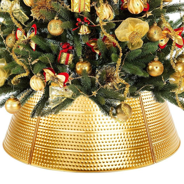 Christmas Tree Collar Metal, 28" Gold Tree Collar, 5-Panel Christmas Tree Base Collar for 7.5Ft 9Ft 12Ft Real & Artificial Christmas Trees, Christmas Tree Ring Christmas Tree Skirt for Pencil Trees