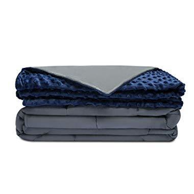 Quility Premium Adult Weighted Blanket & Removable Cover | 15 lbs | 60"x80" | for Individual Between 140-190 lbs | Full Size Bed | Premium Glass Beads | Cotton/Minky | Grey/Navy Blue