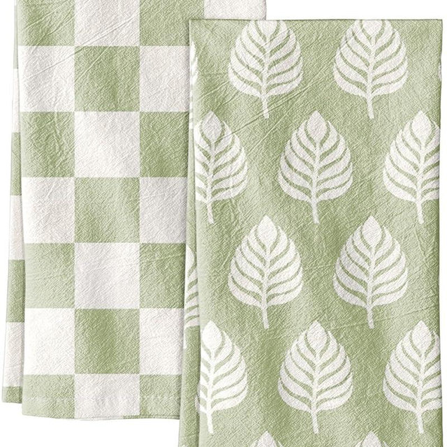 Miss Adola 2 Pack Flour Sack Kitchen Towels - 16x26 Inch Cotton Dish Towels with Hanging Loop Reusable Geometric Boho Modern Retro Tea Towel Absorbent Dishcloths Home Decor, Green Leaf
