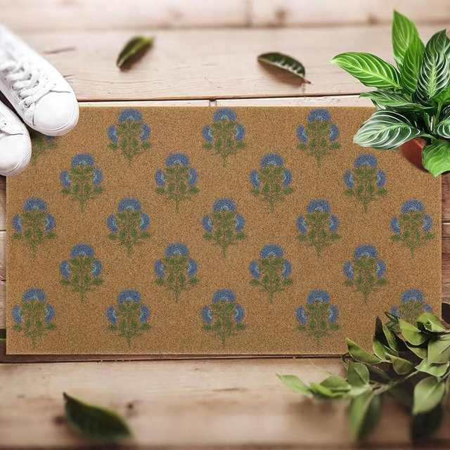 BBSET Artificial Coir Floral Welcome Door Mat Cute Blue Flower Outdoor Mat for Frontdoor Entrance 30"x 17" (Blue Floral)
