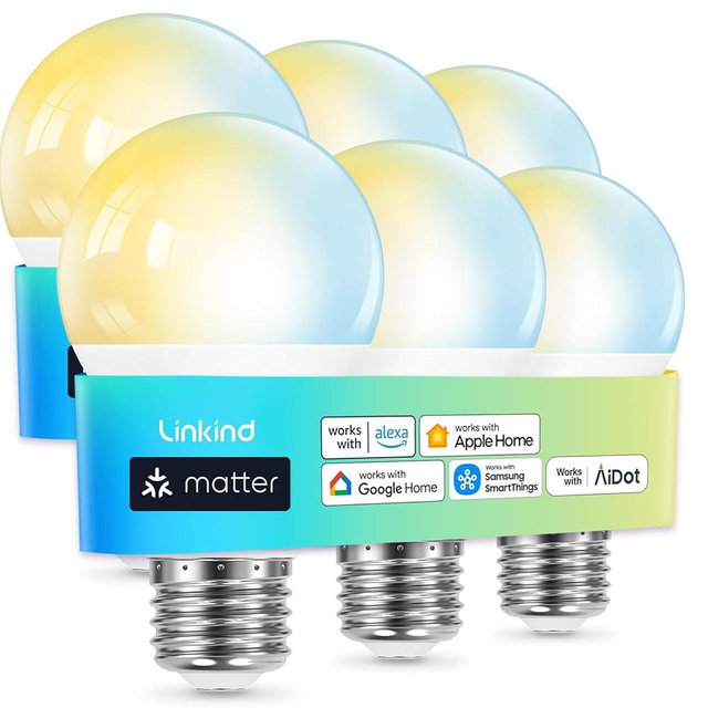 Linkind Matter Smart Light Bulb, Tunable Soft White to Daylight, Works with Alexa/Apple Home/Google Home, 2.4GHz Wi-Fi, 800LM 60W Equivalent, A19 E26 6-Pack