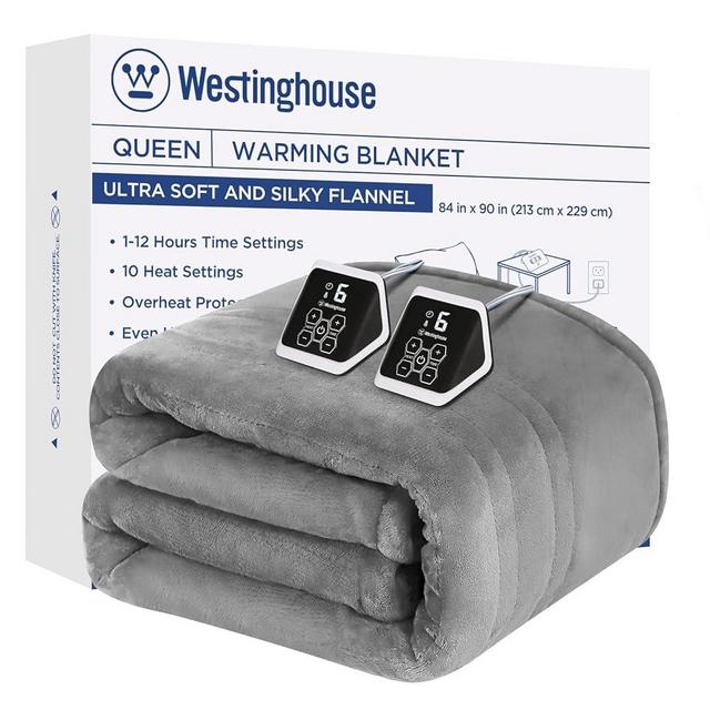 Westinghouse Heated Blanket Queen Size, Electric Heating Blanket with 10 Heating Levels, 1-12 Hours Auto Shut Off, Fast Heating Warming Blanket, Machine Washable (Queen,84x90 Inches,Light Grey)