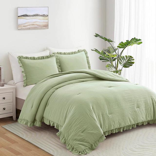 Bonlino Bed Bedding Comforter Set Queen - 3 Pieces Farmhouse Comforter Ruffle Boho Bed Comforter, Fluffy Soft Lightweight Bedding Chic Rustic Country Style for Home Bedroom Dorm (Queen, Sage Green)