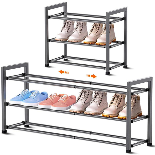 Bumusty 3-Tier Expandable Shoe Rack for Closet, 18“-33” Adjustable Shoe Rack for Small Space, Small Shoe Organizer for Front Door, Sturdy Metal, Gray