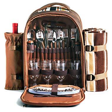 Picnic Backpack Bag for 4 Person With Cooler Compartment, Detachable Bottle/Wine Holder, Fleece Blanket, Plates and Cutlery Set Perfect for Outdoor, Sports, Hiking, Camping, BBQs(Coffee)