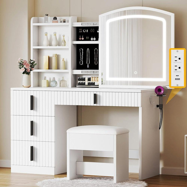 YITAHOME Fluted Makeup Vanity Desk with Mirror & Power Outlet, Vanity Table Set with Hidden Storage, Makeup Desk with 4 Drawers, 3-Color LED Lighted Dressing Table with Storage Cushion Stool, White