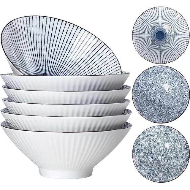 Zscera 38 oz Japanese Ramen Bowl Set of 6, 8-Inch Ceramic Large Soup Bowls, Blue and White Large Pho Bowls - 3 Mixing Patterns