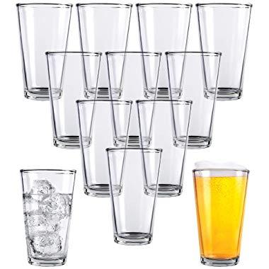 Clear Glass Beer Cups – 12 Pack – All Purpose Drinking Tumblers, 16 oz – Elegant Design for Home and Kitchen – Lead and BPA Free, Great for Restaurants, Bars, Parties – by Kitchen Lux