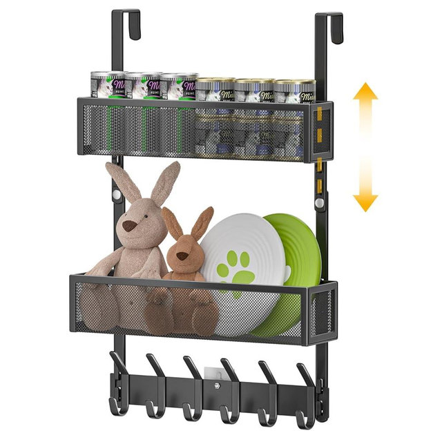LUCYCAZ Adjustable Over The Door Hooks Organizer, Over The Door Towel Rack with 10 Coat Hooks & 2 Mesh Basket, Multi-Purpose Storage for Bathroom, Bedroom, Kitchen (Black)