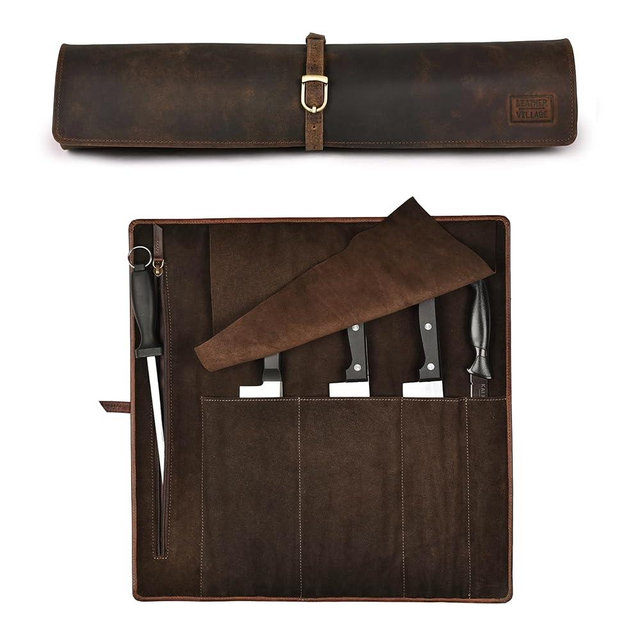 LEATHER VILLAGE Genuine Leather Knife Roll Bag – Professional Chef Carrying Case, Durable Sheath Holder, Cooks & Culinary Tools Organizer, Portable Travel Storage with 4 Slots & Zipper - Rustic Brown