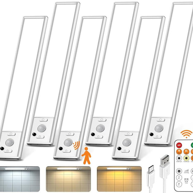 Under Cabinet Lighting with Remote Control,USB Rechargeable 180 Lumen Motion Sensor Light Indoor,Magnetic Wireless Under Counter Light,3 Color Dimmable Closet Lights for Kitchen, Pantry, Stair, 6 Pack
