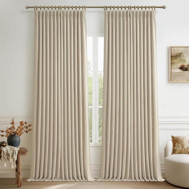 Heavy Natural Linen 100% Light Blocking Curtains & Drapes 96 Inches Long 2 Panels Set for Bedroom, Neutral Pinch Pleated Black Out Thermal Warm Beige Curtain for Summer Heat Energy Efficient 40W x 96L