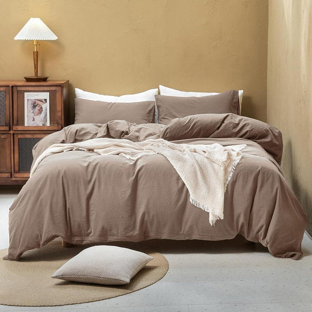 FOSSA Duvet Cover Set 100% Washed Cotton Linen Feel Super Soft Breathable Cozy 3 Pieces Bedding Sets Solid Pale Brown King