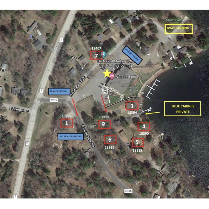Waubee Lodge Map for Parking and Cabin Information