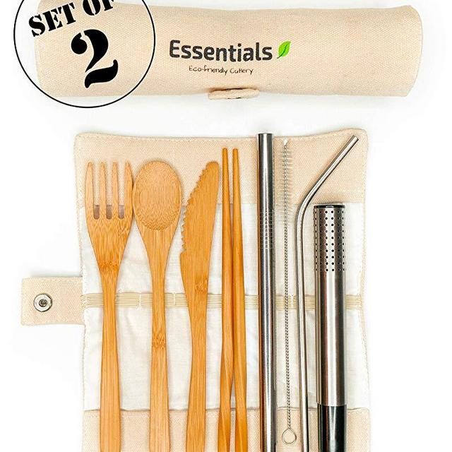 Essentials Bamboo Utensils | 2 Set Eco Friendly Reusable Travel Bamboo Flatware | Each Set Includes Spoon, Fork, Knife, Chopsticks, 2 Straws .With BONUS Stainless Steel Portable Tea Infuser.