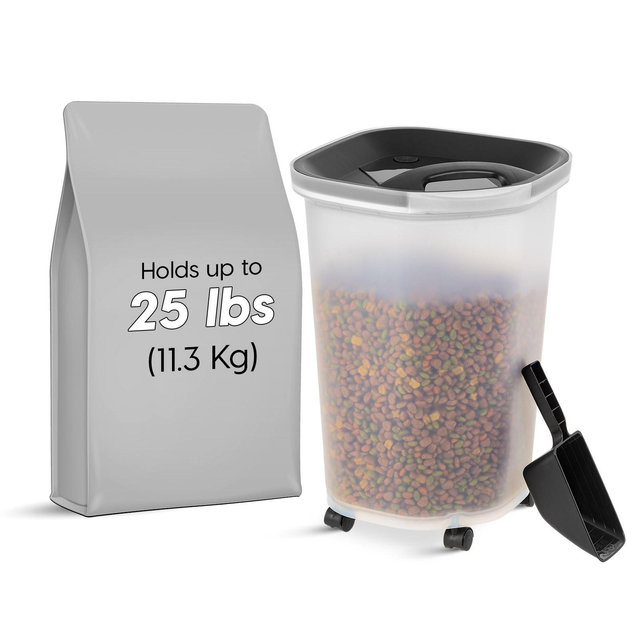IRIS USA Premium Airtight Dog Food Storage Container, Up to 25 lbs, 2 Cup Scoop, Removable Casters, Black