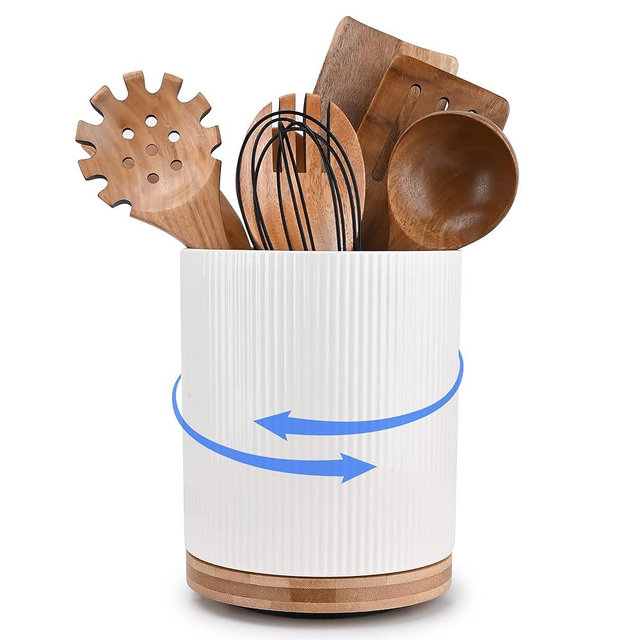 QUELIEN 360° Rotating Kitchen Utensil Holder for Countertop, Large Ceramic Utensil Crock Organizer with Non-Scratch Cork Base, Farmhouse White Cookware Storage Jar, Ideal Housewarming Gift