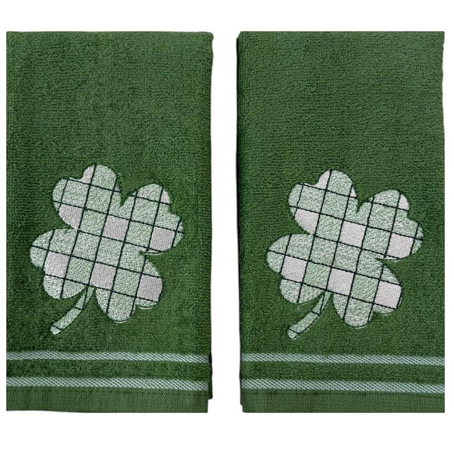 Serafina Home St. Patrick's Day Kitchen Hand Towels, 100% Cotton Embroidered Shamrock Design, Green Fingertip Towels with Plaid Clover Pattern, Set of 2, 12 x 18 Inches