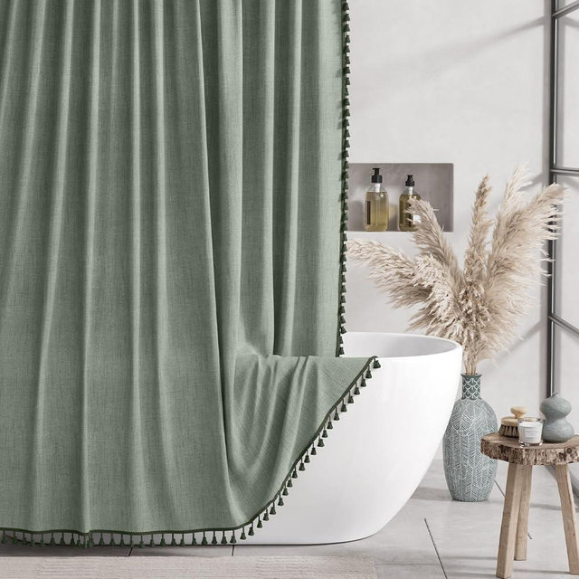 AmazerBath Farmhouse Shower Curtain, Sage Green Linen Shower Curtain with 3 Side Green Tassel, Boho Shower Curtain Fabric Shower Curtain with 12 Upgraded Hooks for Neutral Country Bathroom, 72"x72"
