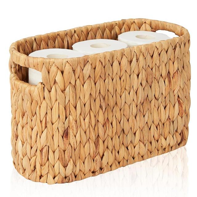 FairyHaus Wicker Toilet Paper Storage Basket with Buit-in Handles, 6 Rolls Natural Water Hyacinth Toilet Paper Holder Stand with Storage, Freestanding Handwoven Toilet Paper Holder Basket for Bathroom