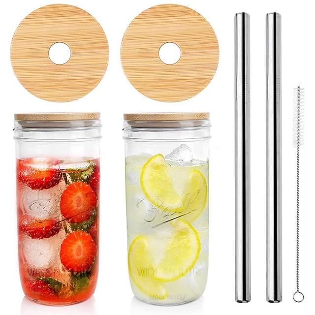 Wide Mouth Mason Jar Lids, Mason Jar Drinking Glasses 24 OZ, Set of 2 mason jar cups with lids and straws, for Jam, Juices, Honey, Cocktail, DIY Magnetic Spice Jars