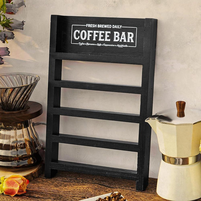 PERFNIQUE K Cup Holder, Farmhouse Coffee Pod Holder, Wooden K-Cup Pod Ladder for Counter, Rustic Kcup Storage Organizer for Home Kitchen Bar Table Decor (Black, Vintage Coffee Bar)