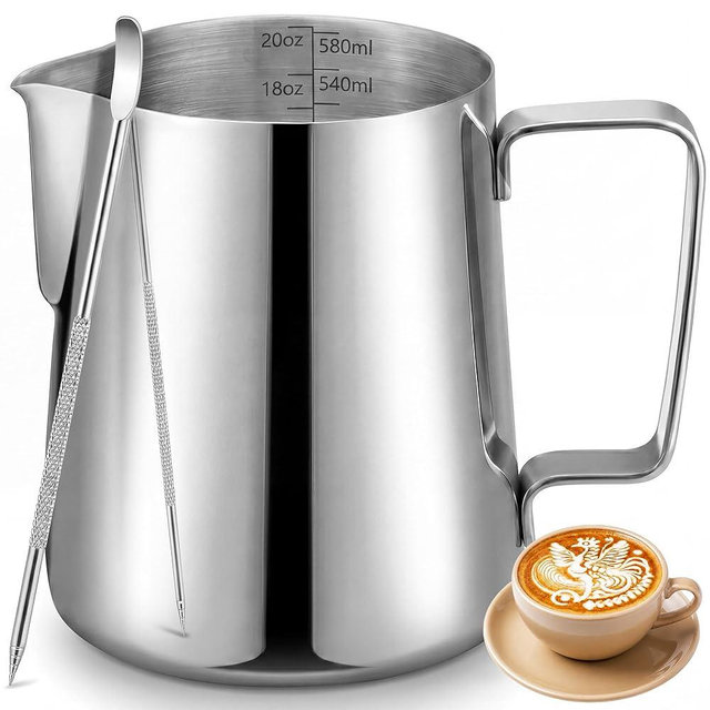 Vakoo Milk Frothing Pitcher, 12oz/20oz/32oz (350ml/600ml/900ml) - 304 Stainless Steel Milk Frother Cup with Dual Scale & Latte Pen for Espresso Machine, Coffee, Cappuccino, Barista Grade - 20oz