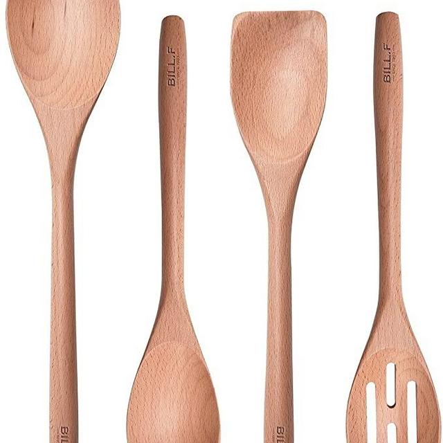BILL.F Wooden Spoons for Cooking Wooden Spoons Set of 4 Beech Wood Non Scratch Kitchen Utensil Set Including Spoon, Turner and Slotted Spoon