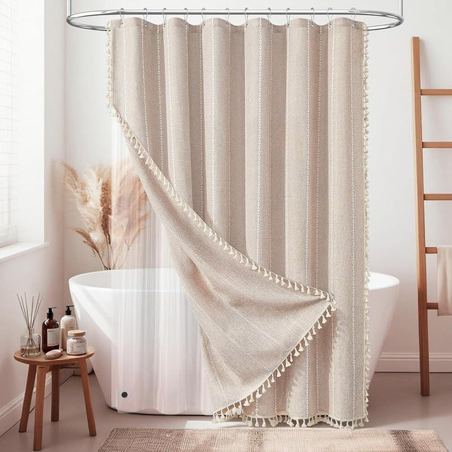 BTTN 3 in 1 Shower Curtain with Liner, Tan Boho Linen Striped Cloth Shower Curtain Set with Plastic Hook, Farmhouse Bohemian French Country Waterproof Fabric Shower Curtain for Bathroom, Taupe, 72x72