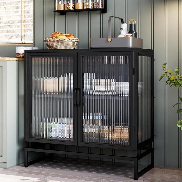 IDEALHOUSE Buffet Sideboard Cabinet with Glass Doors and Adjustable Shelves, Freestanding Glass Doors Storage Cabinet for Kitchen, Living Room, Dining Room, Black