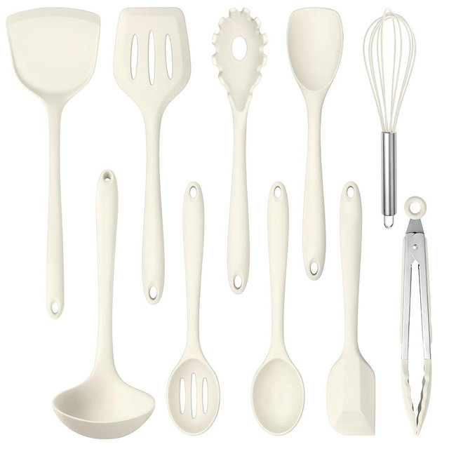 10 Pack Kitchen Utensils Set for Cooking, Leonyo Silicone Cooking Utensils Set, 446°F Heat Resistant Silicone Kitchen Tool with Turner Spatula, Serving Spoon, Whisk for Nonstick Cookware - White