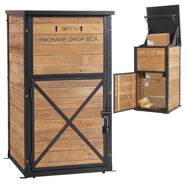 GUTINNEEN Package Delivery Box for Porch with Lockable Secure, Large Outdoor Parcel Storage Anti Theft -Waterproof Parcel Mailbox with Iron Frame & Natural Wood