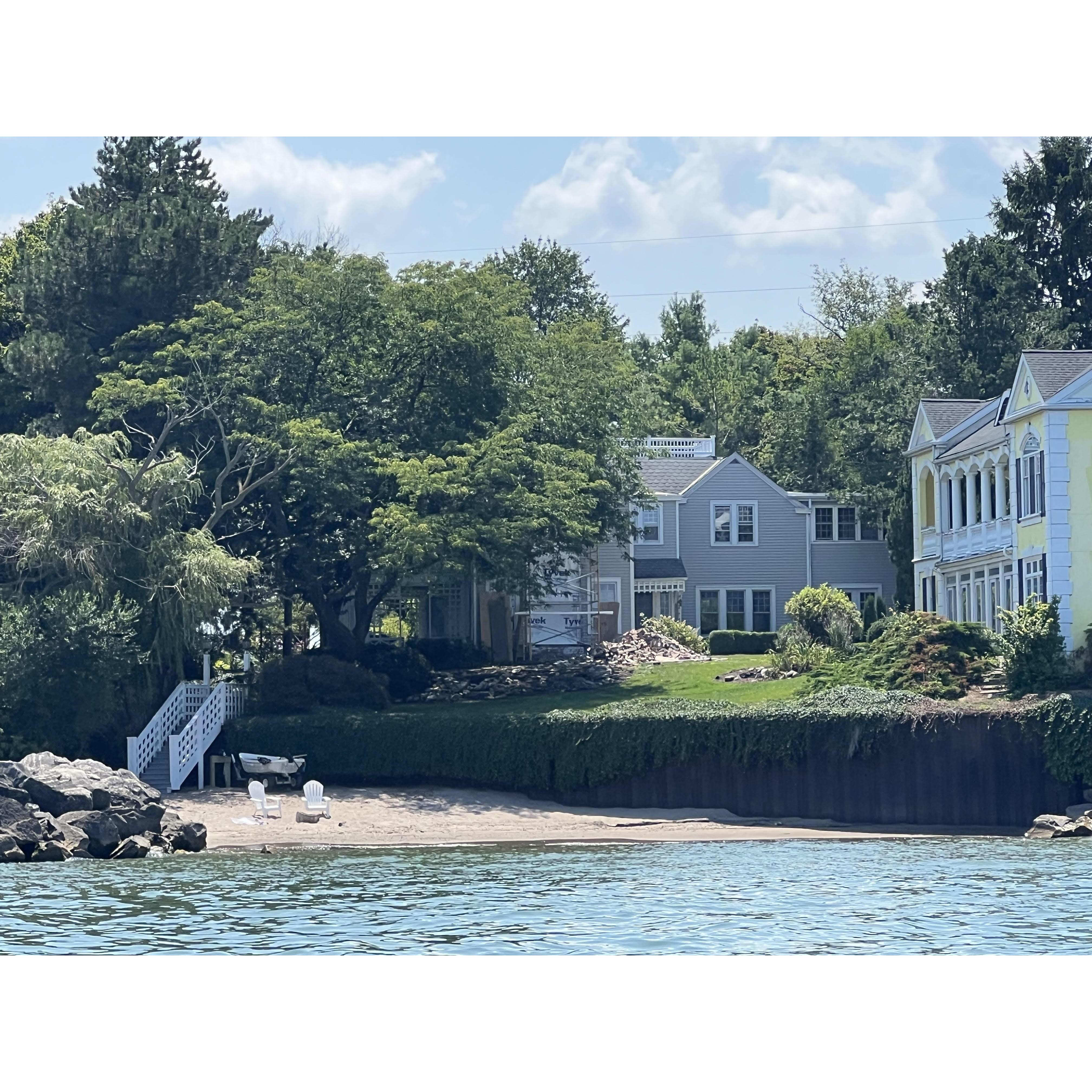 Here is a nice shot from the lake looking at Joe & Becky Dandurand's new home. The yellow house is not theirs. Not yet.