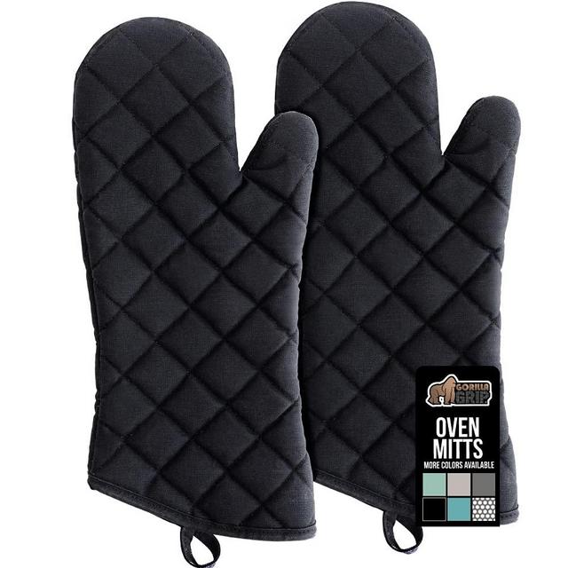 Gorilla Grip Heat Resistant Thick Cotton Oven Mitts, 16 Inch, Soft Quilted Lining, Durable Flexible Gloves, Protect Hands from Hot Kitchen Surfaces, Extra Long Cooking Mitt for Baking Sheet, Black