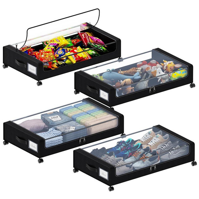 Tututry Under Bed Storage with Wheels, XXL 60L Under the Bed Storage Bins, Underbed Storage Containers with Lids & Label, Rolling Metal Drawer for Shoes, Clothes, Books, Toys (4-Pack Black)