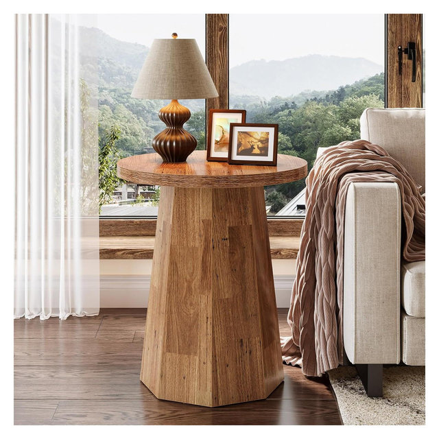 Lantine Farmhouse Wooden Round End Table with Octagonal Base