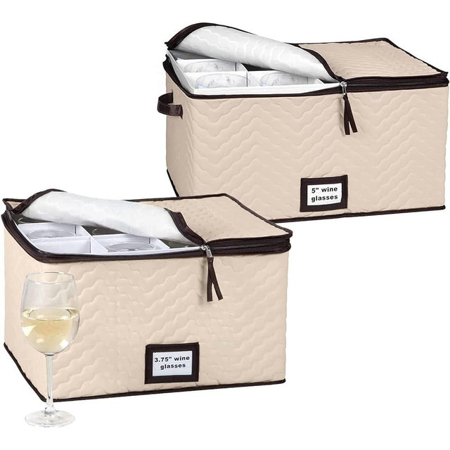 Hold N Storage Pack of 2 Sizes Wine Glass Storage with dividers – Each Holds 12 standard size wine glasses up to 10" H – Stemware Storage Case, Protects Fine China, Durable Quilted Microfiber Bin with