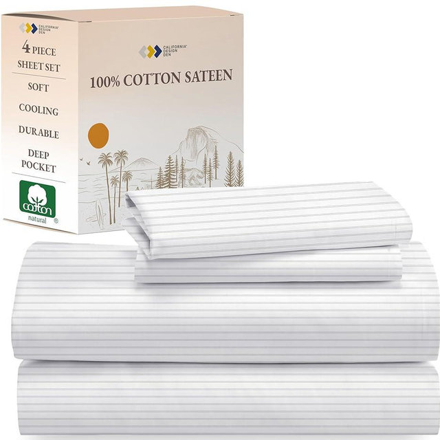 California Design Den King Bed Sheets Stripe Set, 100% Cotton Deep Pocket King Sheets & Pillowcase Set, Soft Sateen Weave - Classic Stripe