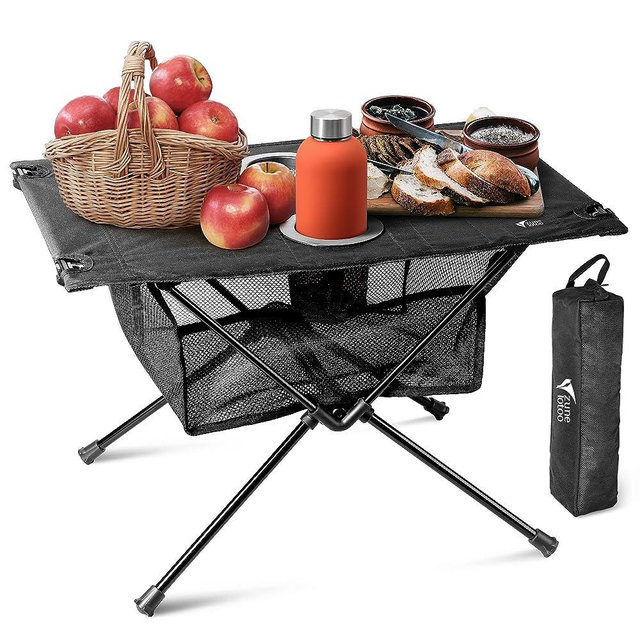 ZUNE LOTOO Portable Camping Table Folding, Small Beach Table Foldable with Drink Holder & Mesh Storage Compact Camp Tent Side Table for Sand Picnic Tailgate Travel Outdoor Fishing Backpacking Hiking