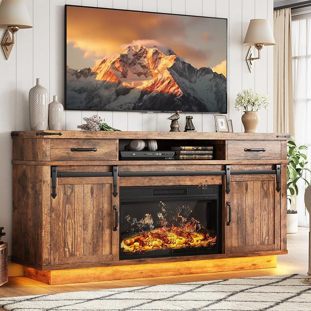 Jocoevol Fireplace TV Stand for TVs up to 65", Electric Fireplace with 3D Flame, Farmhouse LED Light Entertainment Center TV Console with with 2 Drawers, Sliding Barn Door for Living Room - Brown