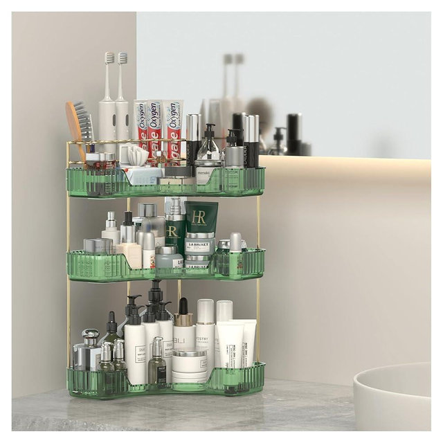 POUGNY 3 Tier Corner Bathroom Organizer Countertop, Vanity Makeup Organizer with Brush Holder, Space-Saving Skincare Storage Corner Shelf for Bathroom, Dressing Table, Kitchen