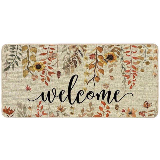 ORTIGIA Welcome Fall Doormat Eucalyptus Leaves Sunflowers Door Mats Indoor Outdoor Patio Non-Slip Durable Entrance Floor Mat for Farmhouse Home Entrance, Outside, Yard, Patio 17x36 Inch