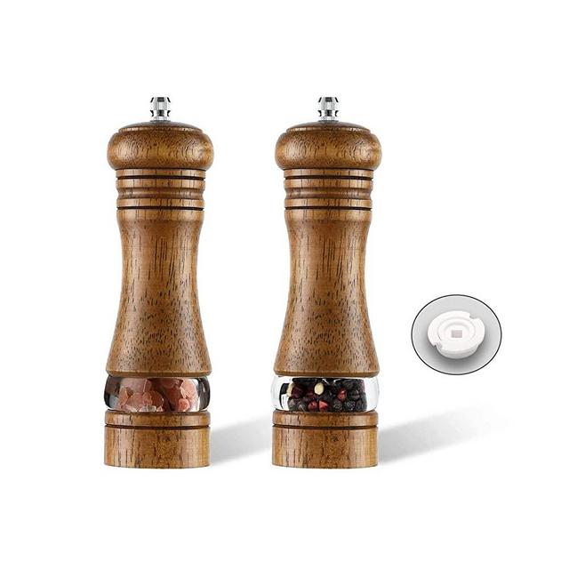 2-Piece Salt and Pepper Grinder Set, 6.5 Inch Wooden Salt and Pepper Mills with Adjustable Coarseness, Refillable Manual Pepper Mill Grinder for Home Cooks (Brown)