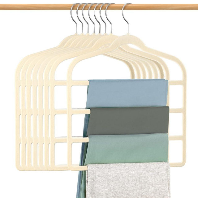 Velvet Hangers Space Saving Non Slip Pant Velvet Hangers, DUDUCOFU 8 Pack Beige Velvet Hangers Multi Layer Clothes Hangers Closet Organizer for Pants Trousers Scarf