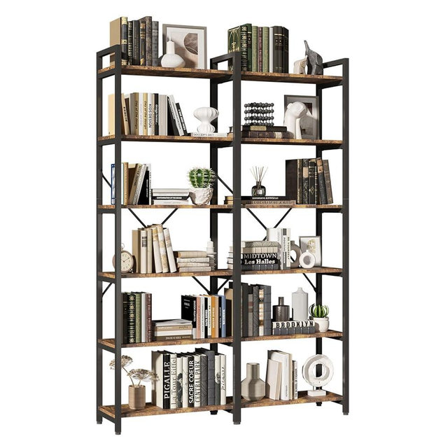 oneinmil Bookshelf 6 Tier, 71.5'' Industrial Wooden Book Shelf with Metal Frame, Large Storage Rack with Open Shelves, Wood Display Bookcase for Home and Office, Rustic Brown